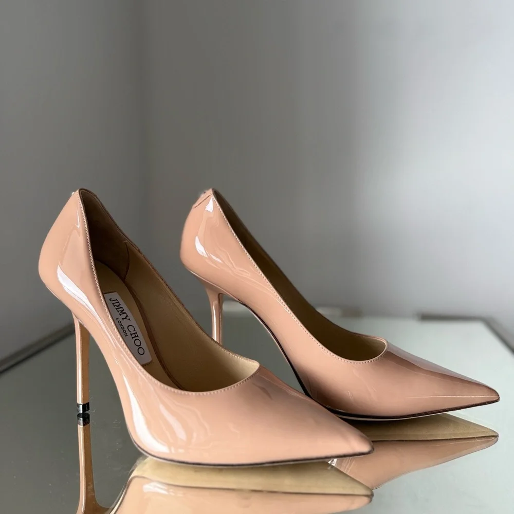 New Jimmy Choo Love Ballet-Pink Patent-Leather Pointed Pumps with JC $825 37.5 - Picture 9 of 11
